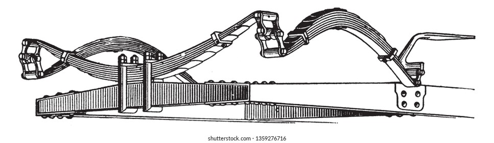 Plataforma Primavera de un coche de estilo antiguo y también llamado resorte suspendido de tres puntos, dibujo de línea vintage o ilustración de grabado.