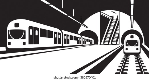 Platform of subway station with trains - vector illustration