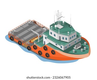 Barco de suministro de plataforma Buque de carga de petróleo en alta mar Servicios de cartografía isométrica Ilustración Infografía de la industria petrolera en el océano vector de visión superior aislado 