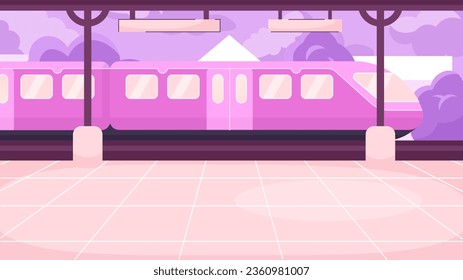 Platform train station cute kawaii lo fi background. Public transport. Rapid transit 2D vector cartoon cityscape illustration, lofi aesthetic wallpaper desktop. Japanese anime scenery, dreamy vibes