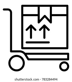 Platform trolley with a delivery package, line vector icon