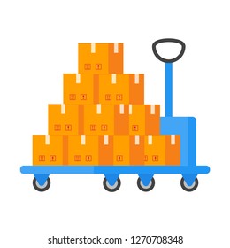 Platform trolley witn boxes sign flat style design vector illustration. Warehouse and cargo cart, delivery and lift, industry equipment, factory industrial loader trolley isolated on white background.