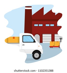 platform and trucks with boxes in the delivery store