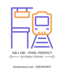 Platform two color line icon. Train station. Railway track. Passenger transport. High speed rail bicolor outline symbol. Duotone linear pictogram. Isolated illustration. Editable stroke