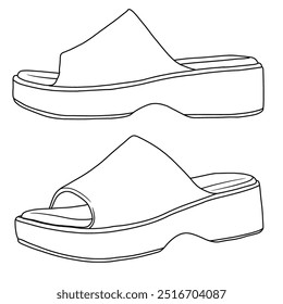 Platform Wedge Sandals Open Toe Slip On Slides with Memory Foam Line art,Technical sketch hand drawing outline vector doodle illustration side and isometric view isolated on white background