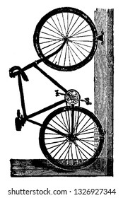 It is a platform where the bicycle is stored when not in use. It has two loop like structured that binds to the rim and holds it in position, vintage line art illustration. Bicycle Accessories - 1900