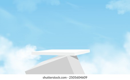 Platform White 3D Display With Sky Backdrop And Blue Background. Abstract Vector Business Design For Summer Banner, Nature Illustration, Spring Advertising, Product Showcase And Presentation