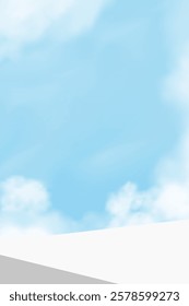 Platform White 3D Display With Sky Backdrop And Blue Background. Abstract Vector Business Design For Summer Banner, Nature Illustration, Spring Advertising, Product Showcase And Presentation