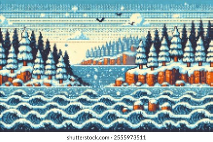 Platform winter landscapes of voxel pixel 8-bit art in the context of World of Games, in particular about the seashore, snow, coniferous forest, rocks and the icy north.