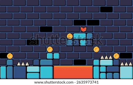  Platformer background pixel art landscape.  Old school arcade backdrop design.  8 bit. Game development, mobile app. Isolated vector illustration.