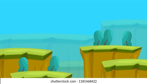 Platformer game design set, nature wood meadow, seamless layered parallax effect ready background, platforms for jumping, bonus items and decoration.