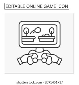  Platformer line icon. Play jumping ball across variety platforms on computer screen with joystick. Online game concept. Isolated vector illustration.Editable stroke