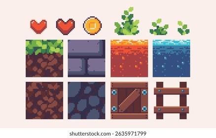 Platformer pixel art square blocks. Ground tiles seamless pattern textures 8 bit platform tiles. Game development, mobile app template. Texture grid vector illustration.