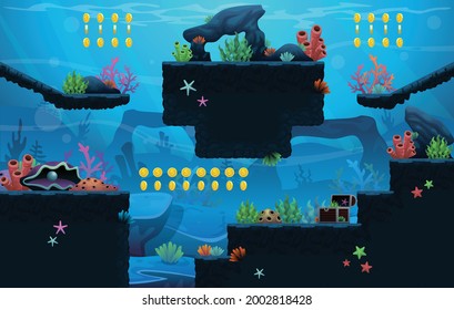 Tileset de plataforma con temática oceánica profunda para crear videojuegos de aventura bajo el agua