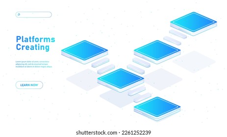 Plattformen erstellen Konzept. Infografiken und Design. Vorlage, Layout und Muster. Ort für Waren oder Produktpräsentationen. Marketing und Werbung. Cartoon isometrische Vektorgrafik