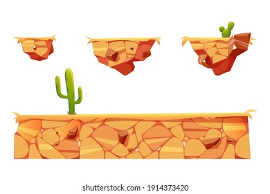 Platforms with desert landscape and cactuses for game level interface. Vector cartoon set of gui elements for background of arcade or computer animation isolated on white background