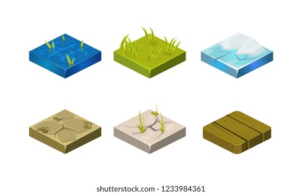Platforms of different ground textures set, water, stone, ice, grass, wood, user interface assets for mobile app or video game vector Illustration