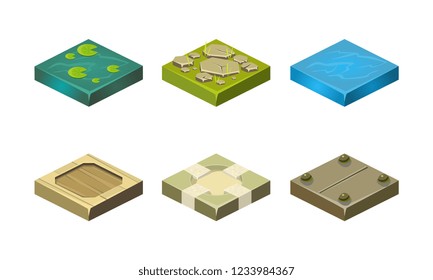 Platforms of different ground textures set, user interface assets for mobile app or video game vector Illustration on a white background