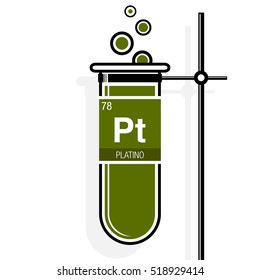 Platino symbol - Platinum in Spanish language - on label in a green test tube with holder. Element number 78 of the Periodic Table of the Elements - Chemistry