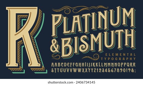 Platinum and Bismuth is an antique, yet modern, lettering style; a good choice for book titling or classy branding or banners. All capitals alphabet with ornate details and 3d layering.