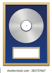 Platinum certification with blank plaque that can be labeled, in a golden frame on blue ground. Isolated vector illustration over white background.
