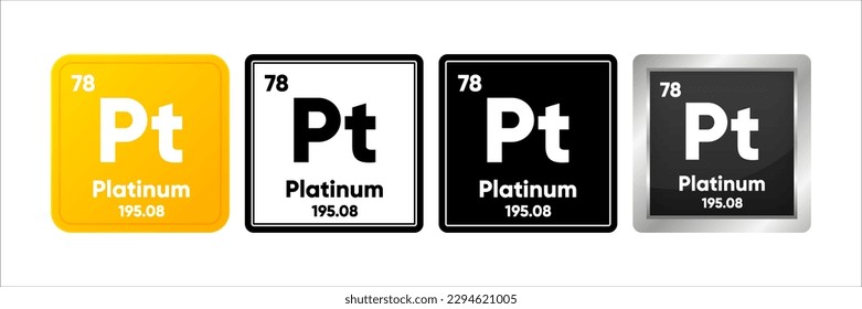 Elemento químico platino con 78 valores de número atómico, masa atómica y electrónica. Concepto de tabla periódica. Logo de cuatro diseños. Sencillo logotipo negro, realista y en color. Ilustración vectorial.