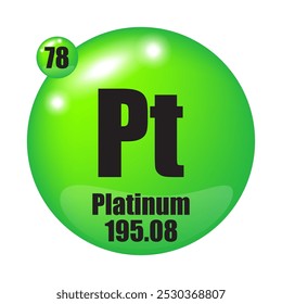 Ícone Platinum. Pt elemento químico. Número atômico 78. Massa 195.08. Símbolo de esfera verde.