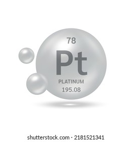 Platinum Molecule Models Silver Grey And Chemical Formulas Scientific Element. Natural Gas. Ecology And Biochemistry Concept. Isolated Spheres On White Background. 3D Vector Illustration.