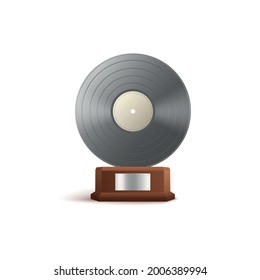 Platinum Music Award In Shape Of Vinyl Disc On Wood Base, Realistic Vector Illustration Isolated On White Background.Template Of Platinum Trophy Prize For Best Music.