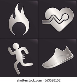 Platinum running icon concept. 4 Modern icon, Burn calories, Heart rate, Runners and Distance.