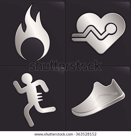 Platinum running icon concept. 4 Modern icon, Burn calories, Heart rate, Runners and Distance.