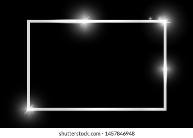 Platinum shiny glowing vintage rectangle frame with shadows isolated on black background. Silver luxury realistic rectangle border. Vector illustration