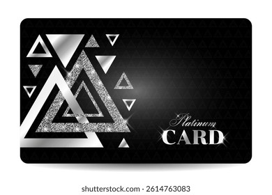 Platinum, silver card with glitter effect and triangular elements. For business and organizations, clubs, premium customer service. Vector images.