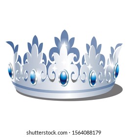 Platinum, silver crown with blue gemstones isolated on a white background. Vector cartoon close-up illustration