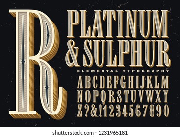 Platinum & sulphur is an original old-style antique font. This vintage style alphabet has embellished inlays and 3d effects.