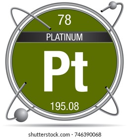 Platinum symbol inside a metal ring with colored background and spheres orbiting around. Element number 78 of the Periodic Table of the Elements - Chemistry