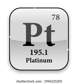 Platinum symbol.Chemical element of the periodic table on a glossy white background in a silver frame.Vector illustration.