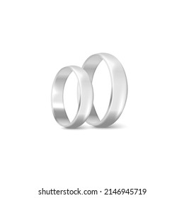 Platinum or white gold wedding rings pair template, realistic vector illustration isolated on white background. Silver tone wedding jewelry rings mockup.