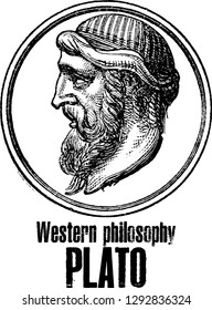 Plato (428-348 BC) portrait stamp in line art. He was an ancient Greek philosopher, mathematician, author of philosophical dialogues and founder of the Academy.