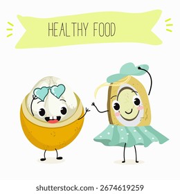 Platonia insignis, bacuri, funny characters, hand drawn vector illustration.