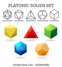 Platonic 3d shapes. Platon geometry abstract solid icons isolated on white background, vector illustration