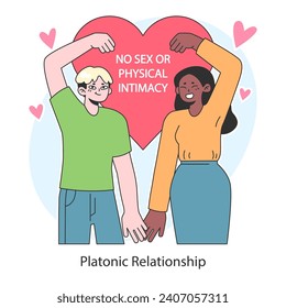 Concepto de relación platónica. El afecto sin romance ni intimidad física. Amistad y respeto mutuo. Una pareja amorosa o asexual. Ilustración vectorial plana.