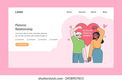 Web o aterrizaje de la relación platónica. Afecto sin romance ni intimidad física. Amistad y respeto mutuo. Una pareja romántica o asexual. Ilustración vectorial plana.