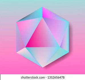 Platonic solid Icosahedron (convex polyhedron) in neon vivid pastel colors. Retrowave/ synthwave/ vaporwave style 3d illustration for poster, logo, t-shirt print. Aestetics of 80s-90s arcade games.