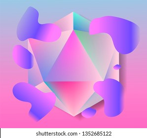 Platonic solid Icosahedron (convex polyhedron) in neon vivid pastel colors. Retrowave/ synthwave/ vaporwave style 3d illustration for poster, logo, t-shirt print. Aestetics of 80s-90s arcade games.