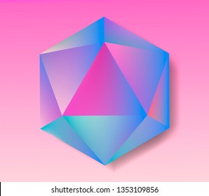 Platonic solid Icosahedron (convex polyhedron) in neon vivid pastel colors. Retrowave/ synthwave/ vaporwave style 3d illustration for poster, logo, t-shirt print. Aestetics of 80s-90s arcade games.