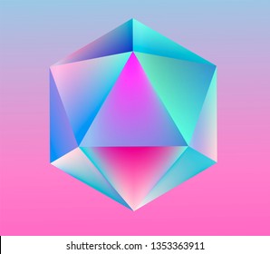 Platonic solid Icosahedron (convex polyhedron) in neon vivid pastel colors. Retrowave/ synthwave/ vaporwave style 3d illustration for poster, logo, t-shirt print. Aestetics of 80s-90s arcade games.
