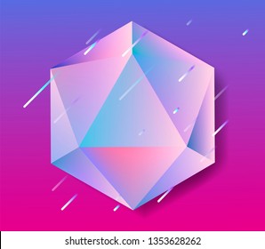 Platonic solid Icosahedron (convex polyhedron) in neon vivid pastel colors. Retrowave/ synthwave/ vaporwave style 3d illustration for poster, logo, t-shirt print. Aestetics of 80s-90s arcade games.