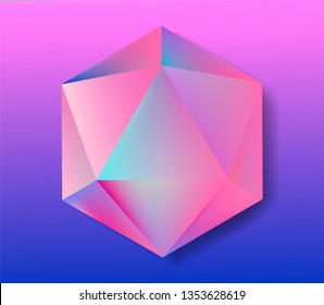 Platonic solid Icosahedron (convex polyhedron) in neon vivid pastel colors. Retrowave/ synthwave/ vaporwave style 3d illustration for poster, logo, t-shirt print. Aestetics of 80s-90s arcade games.