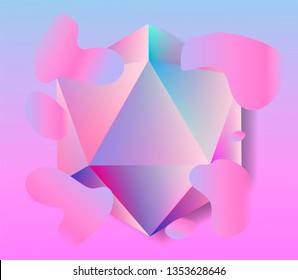 Platonic solid Icosahedron (convex polyhedron) in neon vivid pastel colors. Retrowave/ synthwave/ vaporwave style 3d illustration for poster, logo, t-shirt print. Aestetics of 80s-90s arcade games.